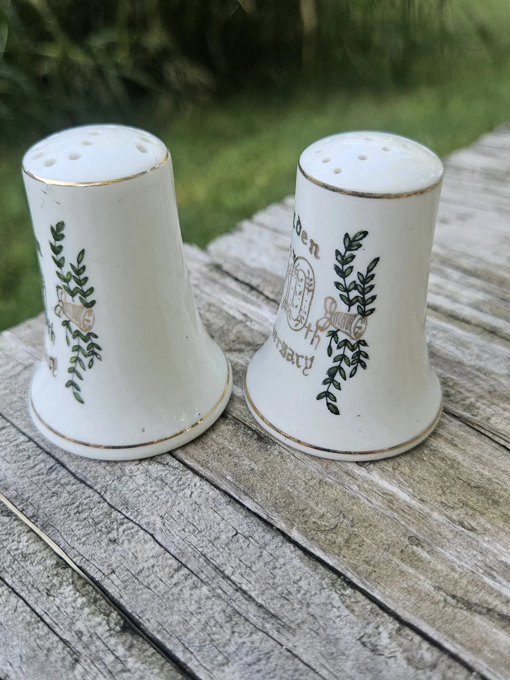 50th Golden Anniversary White and Gold Porcelain Salt and Pepper Shakers
